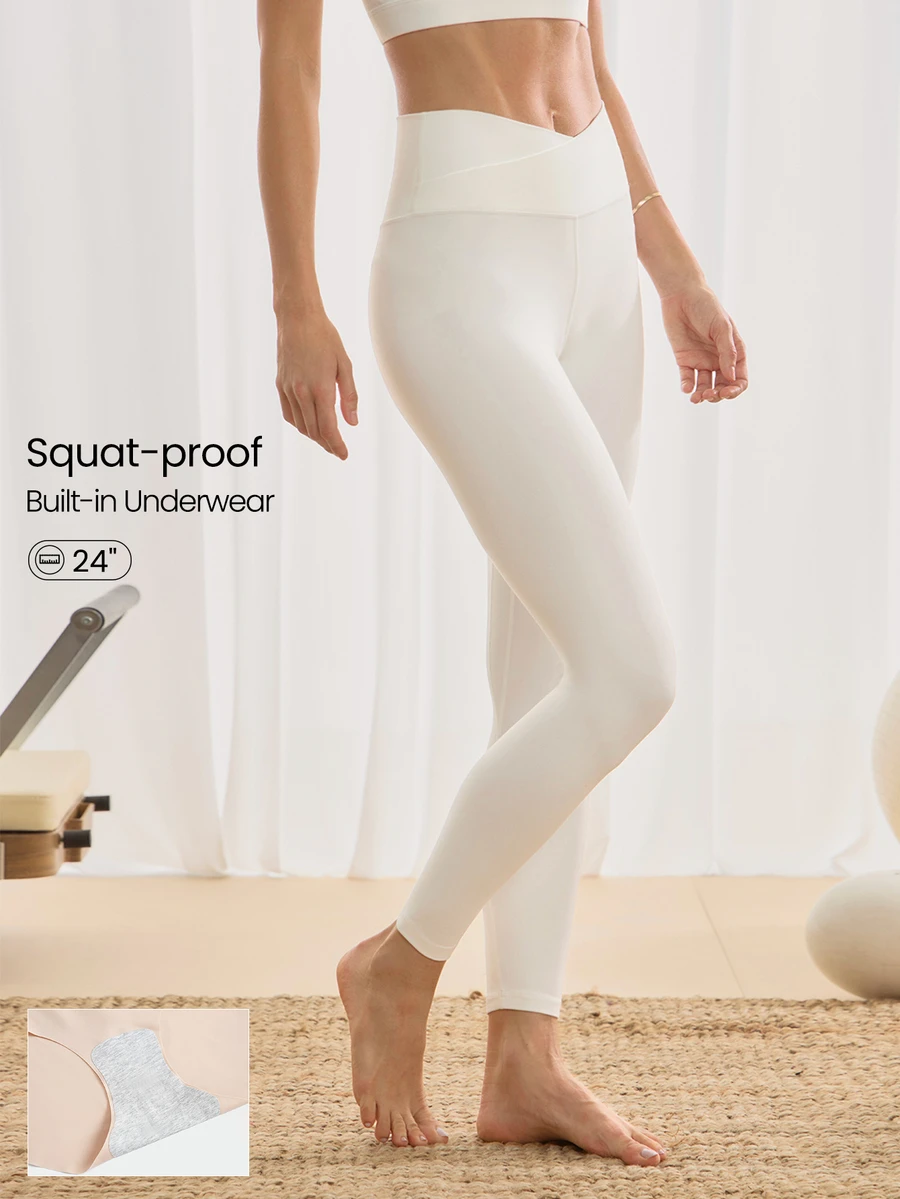 GLOWMODE 24" FeatherFit™ Crossover Leggings With Built-In Underwear Light Support Low Impact Yoga Pilates Daily Gym Spring Summer - White - View 1