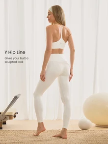 GLOWMODE 24" FeatherFit™ Crossover Leggings With Built-In Underwear Light Support Low Impact Yoga Pilates Daily Gym Spring Summer - White - View 3