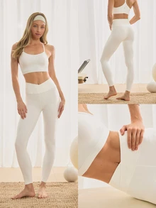 GLOWMODE 24" FeatherFit™ Crossover Leggings With Built-In Underwear Light Support Low Impact Yoga Pilates Daily Gym Spring Summer - White - View 9