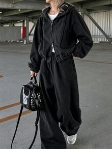 FRIFUL Setelan Kasual Wanita: Jaket Lengan Panjang Berkerudung dengan Resleting dan Celana Jeans Denim - Dark Grey - View 1