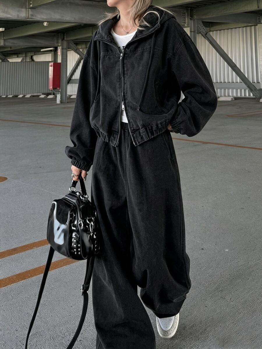 FRIFUL Setelan Kasual Wanita: Jaket Lengan Panjang Berkerudung dengan Resleting dan Celana Jeans Denim - Dark Grey - View 1