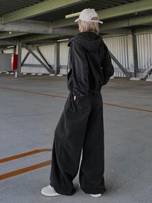 FRIFUL Setelan Kasual Wanita: Jaket Lengan Panjang Berkerudung dengan Resleting dan Celana Jeans Denim - Dark Grey - View 2