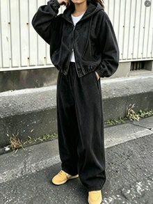 FRIFUL Setelan Kasual Wanita: Jaket Lengan Panjang Berkerudung dengan Resleting dan Celana Jeans Denim - Dark Grey - View 7