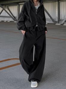 FRIFUL Setelan Kasual Wanita: Jaket Lengan Panjang Berkerudung dengan Resleting dan Celana Jeans Denim - Dark Grey - View 4