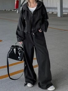 FRIFUL Setelan Kasual Wanita: Jaket Lengan Panjang Berkerudung dengan Resleting dan Celana Jeans Denim - Dark Grey - View 3