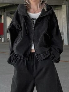 FRIFUL Setelan Kasual Wanita: Jaket Lengan Panjang Berkerudung dengan Resleting dan Celana Jeans Denim - Dark Grey - View 6