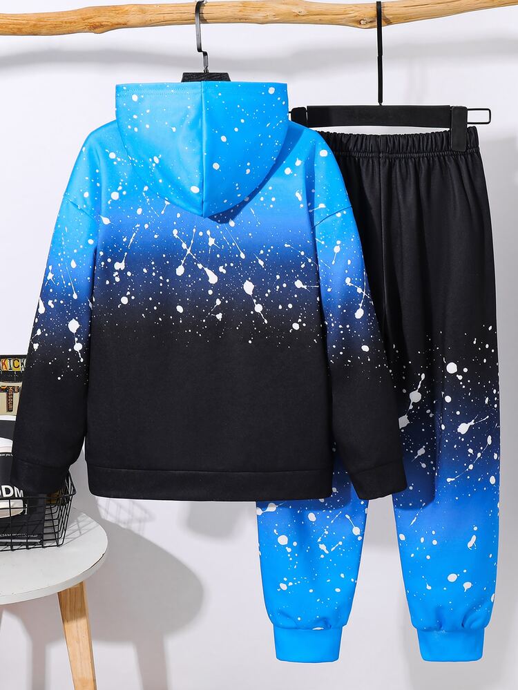 SHEIN 2pcs Kids Tween Boy Casual Daily Versatile Comfortable Blue Gradient Print Pattern Hoodie Loose Pullover Long Sleeve Sweatshirt And Loose Jogger Sweatpants Knit Sweatshirt Set, Suitable For Daily Wear, School, Travel, Sports, Autumn/Winter - Blue - View 6