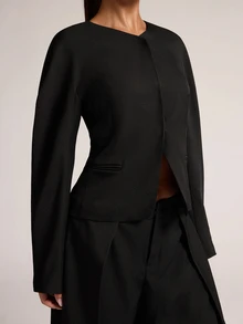 SHEIN BAE 女款極簡百搭時尚西裝外套與長褲套裝，適合日常穿搭、通勤辦公、社交聚會 - 黑色 - 查看 6