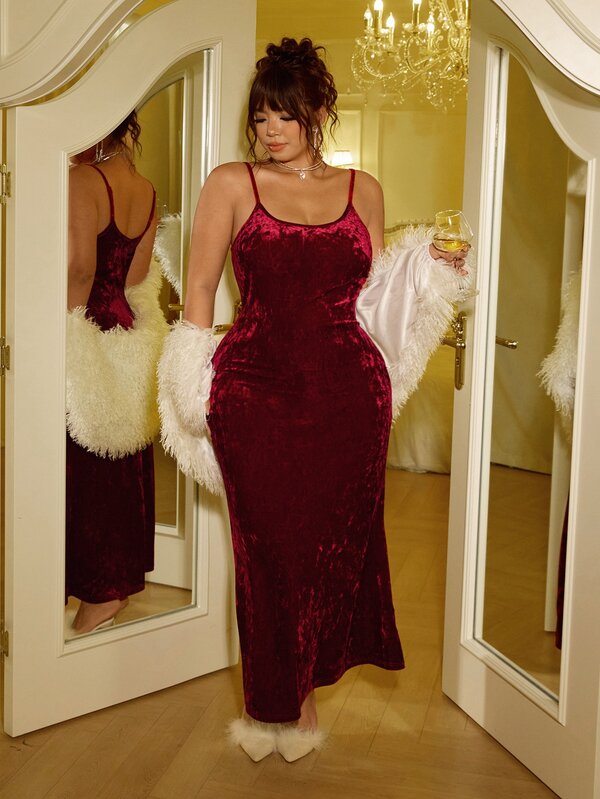 GalTyme Plus Size Women Solid Color Casual Party Spaghetti Strap Dress