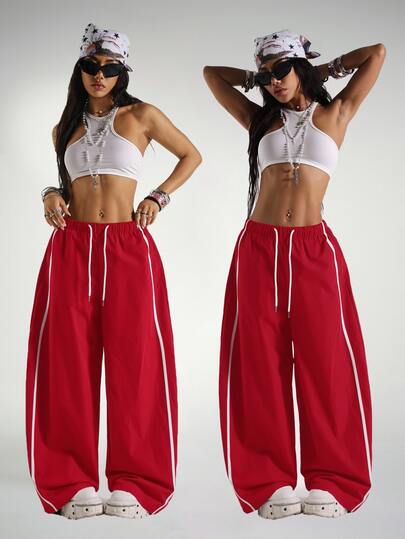 StreetHx Pantalones de pierna ancha con ajuste holgado y ribete de contraste para mujer