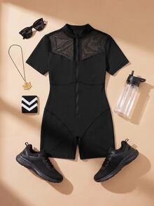 SHEIN Cheerettes Mesh Patchwork Slim Fit Athletic Romper Shorts - Black - View 1