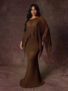 Rustia 大尺碼 2 件套披肩與緊身美人魚裙，紋理面料，休閒舒適，早秋秋季款 - 棕色 - 查看 5