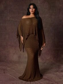 Rustia 大尺碼 2 件套披肩與緊身美人魚裙，紋理面料，休閒舒適，早秋秋季款 - 棕色 - 查看 6