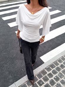 Siren Gaze Women's Vintage Street Style Cowl Neck Versatile Pleated Slim Fit T-Shirt - White - View 3