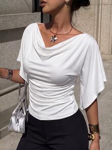 Siren Gaze Women's Vintage Street Style Cowl Neck Versatile Pleated Slim Fit T-Shirt - White - View 5