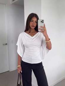Siren Gaze Women's Vintage Street Style Cowl Neck Versatile Pleated Slim Fit T-Shirt - White - View 1
