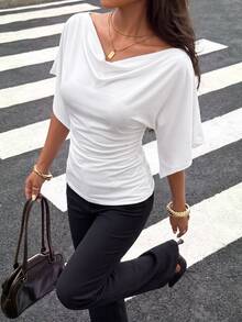 Siren Gaze Women's Vintage Street Style Cowl Neck Versatile Pleated Slim Fit T-Shirt - White - View 4