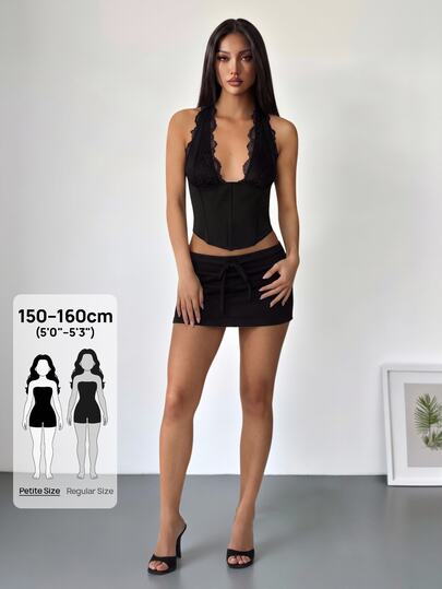 SHEIN PETITE Women's Black Summer 70s Club Party Disco Elegant Lace Patchwork Fitted Backless Camisole, Hollow Out Outing Top, Suitable For Valentine's Day, Date, Party