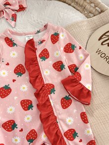 SHEIN 新生兒可愛針織休閒卡通圖案連身衣與髮帶套裝 - 淺粉色 - 查看 4