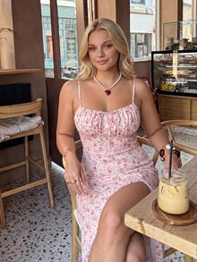 SHEIN MOD Plus Size Ditsy Floral Bust Ruched High Slit Cami Dress For Summer Milkmaid Dress,Corset Dress,Corset Dress For Women - Pink - View 3