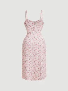 SHEIN MOD Plus Size Ditsy Floral Bust Ruched High Slit Cami Dress For Summer Milkmaid Dress,Corset Dress,Corset Dress For Women - Pink - View 5