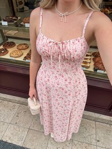 SHEIN MOD Plus Size Ditsy Floral Bust Ruched High Slit Cami Dress For Summer Milkmaid Dress,Corset Dress,Corset Dress For Women - Pink - View 1