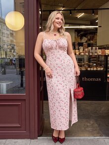 SHEIN MOD Plus Size Ditsy Floral Bust Ruched High Slit Cami Dress For Summer Milkmaid Dress,Corset Dress,Corset Dress For Women - Pink - View 2