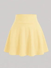 SHEIN 青少年女孩秋季純色休閒寬鬆百搭日常裙褲，黃色秋季Y2K風格，度假舒適舞裙正式款 - 黃色 - 查看 2