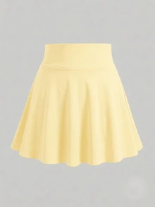 SHEIN 青少年女孩秋季純色休閒寬鬆百搭日常裙褲，黃色秋季Y2K風格，度假舒適舞裙正式款 - 黃色 - 查看 5