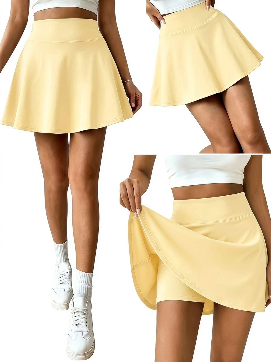 SHEIN 青少年女孩秋季純色休閒寬鬆百搭日常裙褲,黃色秋季Y2K風格,度假舒適舞裙正式款 - 黃色 - 查看 1