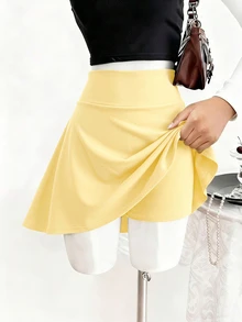 SHEIN 青少年女孩秋季純色休閒寬鬆百搭日常裙褲，黃色秋季Y2K風格，度假舒適舞裙正式款 - 黃色 - 查看 3