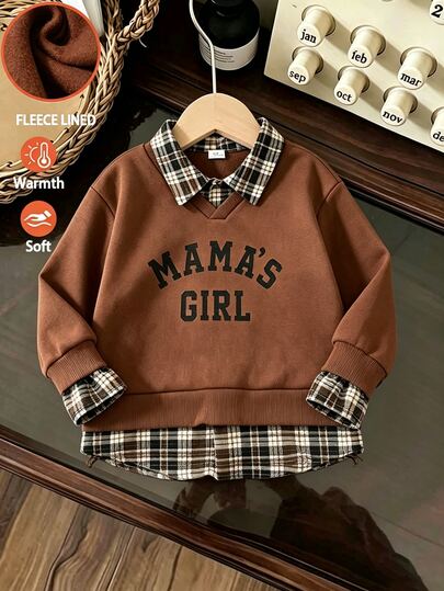 SHEIN Girls 4-8Y Brown 2 In 1 Sweatshirt With Plaid Shirt Collar And Hem, Black Letter Print Patchwork Sweatshirt, Simple Retro Preppy Style Children's Long Sleeve Top, Suitable For Shopping And Daily Outings