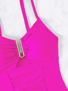 Bonvoyette 2026 Spring/Summer Women's Thick Adjustable Shoulder Strap Metal U-Shaped Decor Rose Red Elegant Slim Fit Waist Ruched One-Piece Bikini Swimsuit - Hot Pink - View 3