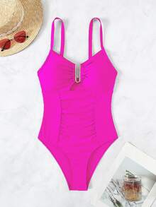 Bonvoyette 2026 Spring/Summer Women's Thick Adjustable Shoulder Strap Metal U-Shaped Decor Rose Red Elegant Slim Fit Waist Ruched One-Piece Bikini Swimsuit - Hot Pink - View 2