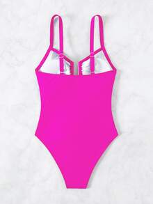 Bonvoyette 2026 Spring/Summer Women's Thick Adjustable Shoulder Strap Metal U-Shaped Decor Rose Red Elegant Slim Fit Waist Ruched One-Piece Bikini Swimsuit - Hot Pink - View 5