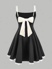 Tween Girl Casual Elegant French Chic Square Neck Pleated Floral Trim Sleeveless Backless Bowknot Waist Dress - Black - View 1