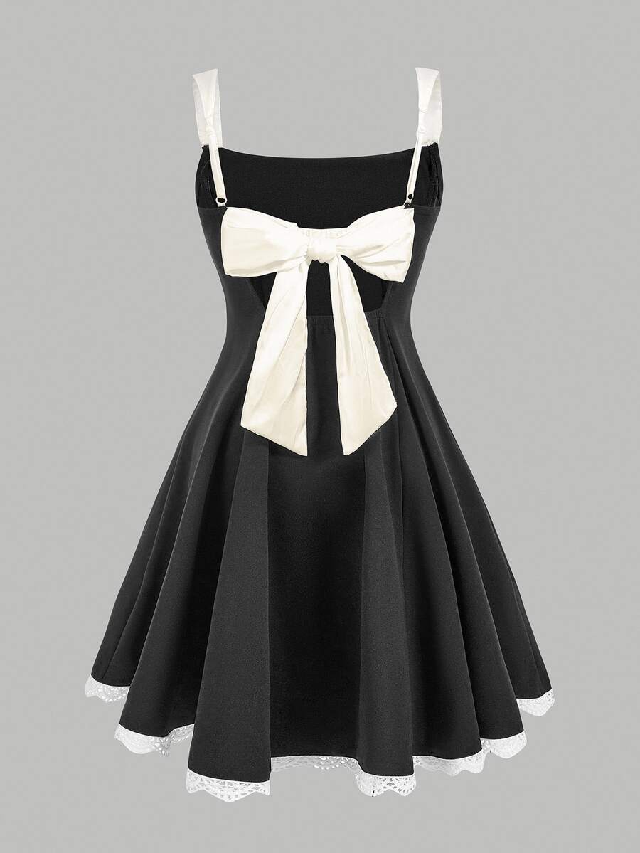 Tween Girl Casual Elegant French Chic Square Neck Pleated Floral Trim Sleeveless Backless Bowknot Waist Dress - Black - View 1