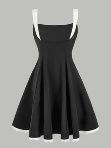 Tween Girl Casual Elegant French Chic Square Neck Pleated Floral Trim Sleeveless Backless Bowknot Waist Dress - Black - View 3