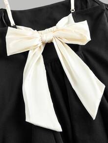 Tween Girl Casual Elegant French Chic Square Neck Pleated Floral Trim Sleeveless Backless Bowknot Waist Dress - Black - View 4