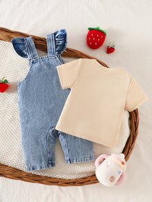SHEIN 2pcs Baby Girls Denim Romper Set Cute Sweet Denim Strawberry Ruffle Bow Flutter Sleeve Round Neck Vacation Beach Summer First Birthday Princess Ribbed - Apricot - View 3