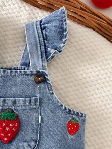 SHEIN 2pcs Baby Girls Denim Romper Set Cute Sweet Denim Strawberry Ruffle Bow Flutter Sleeve Round Neck Vacation Beach Summer First Birthday Princess Ribbed - Apricot - View 6