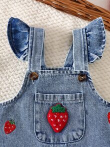 SHEIN 2pcs Baby Girls Denim Romper Set Cute Sweet Denim Strawberry Ruffle Bow Flutter Sleeve Round Neck Vacation Beach Summer First Birthday Princess Ribbed - Apricot - View 4