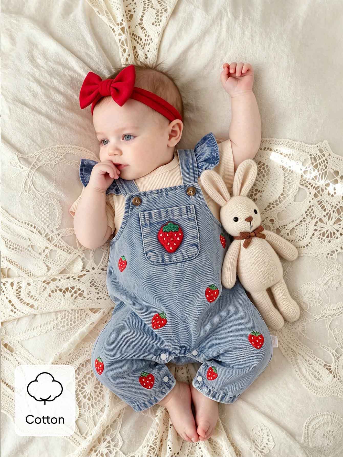 SHEIN 2pcs Baby Girls Denim Romper Set Cute Sweet Denim Strawberry Ruffle Bow Flutter Sleeve Round Neck Vacation Beach Summer First Birthday Princess Ribbed - Apricot - View 1