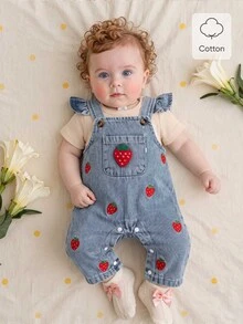 SHEIN 2pcs Baby Girls Denim Romper Set Cute Sweet Denim Strawberry Ruffle Bow Flutter Sleeve Round Neck Vacation Beach Summer First Birthday Princess Ribbed - Apricot - View 5