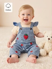 SHEIN 2pcs Baby Girls Denim Romper Set Cute Sweet Denim Strawberry Ruffle Bow Flutter Sleeve Round Neck Vacation Beach Summer First Birthday Princess Ribbed - Apricot - View 9