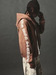 SUMWON Oversized Full-Zip Washed Hoodie With Old English Sleeve Print And Chest Logo Fall Winter - Brown - View 4