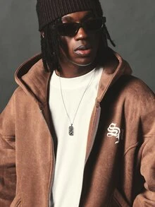 SUMWON Oversized Full-Zip Washed Hoodie With Old English Sleeve Print And Chest Logo Fall Winter - Brown - View 5