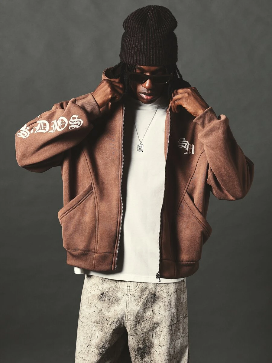 SUMWON Oversized Full-Zip Washed Hoodie With Old English Sleeve Print And Chest Logo Fall Winter - Brown - View 1