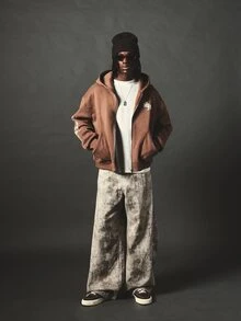 SUMWON Oversized Full-Zip Washed Hoodie With Old English Sleeve Print And Chest Logo Fall Winter - Brown - View 3