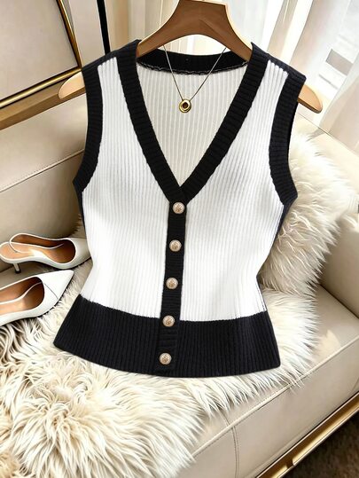 GlowEve CURVE Plus Size Women's Pullover Sweater Vest, Solid Color Knit V-Neck With Colorblock Faux Placket, Slim Fit Minimalist Casual Style, Suitable For Autumn/Winter Daily Commute